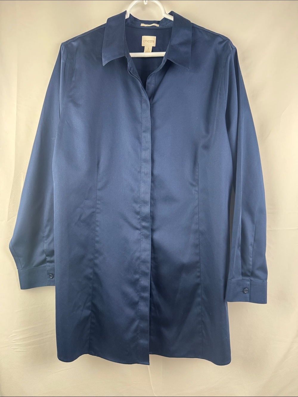 Chico's No Iron Navy Long-Sleeve Button Front Tunic Shirt Size 3 US 16